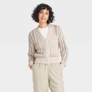 A New Day Cardigan Women's Pointelle Knit Crop Button Sweater Oatmeal Small NWT